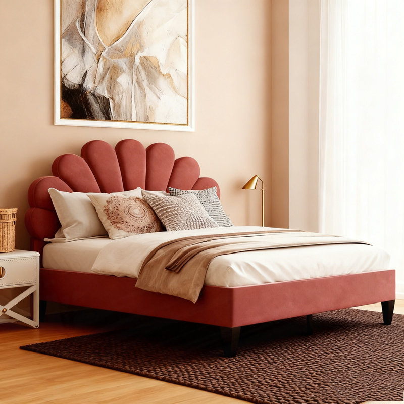 Lit plateforme tapissier avec tête de lit en velours à motif floral, Lit double, Rose