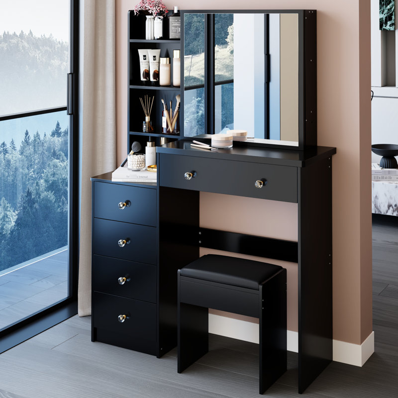 37" Vanity Table And Cushioned Stool , 24X22 Sliding Mirror, Multi-Layer Storage, American Style, Black For Medium Areas With Medium