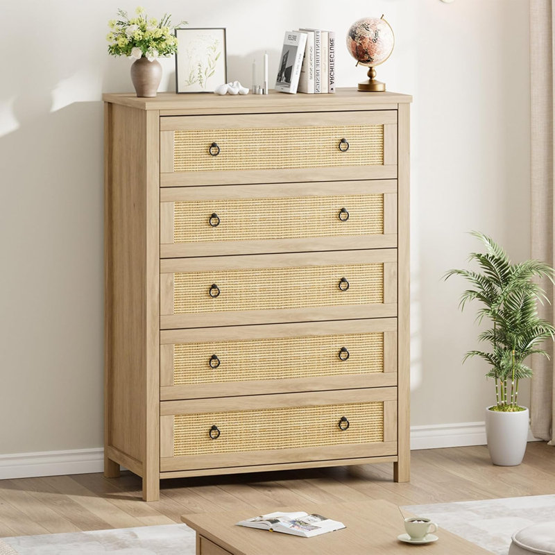 Chic 5-Drawer Cabinet in Natural Oak & Rattan. 45" Tall Storage Organizer for Bedroom. Lounge. or Hallway Decor