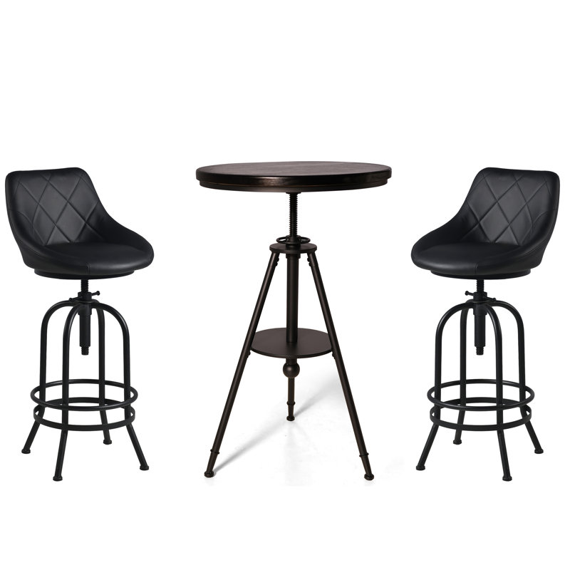 Set Of 3,Industrial Bistro Table Set, Vintage Cafe Table With 2 Bar Stool With Leather Backrest For Living Room, Study, Dining Room, Swivel Wooden Top 33.46-39.37Inch Height Adjustable,29.53-35.43Inch Seat Height, Farmhouse Coffee Stool