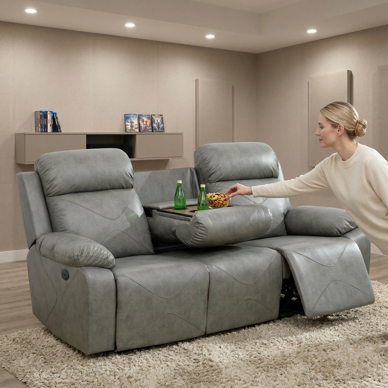 Canapé inclinable 3 places en cuir respirant gris avec inclinaison électrique, charge USB, table pliante et lumières DEL - Durable, anti-moisissure, résistant aux égratignures pour le salon