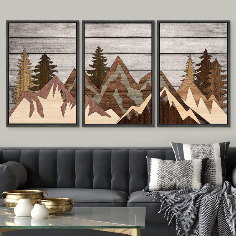 Western Wood Effect Landscape " Wood Panel Mountain Range Forest " 3 - Pieces, 36" H x 72" W x 1.5" D, Black