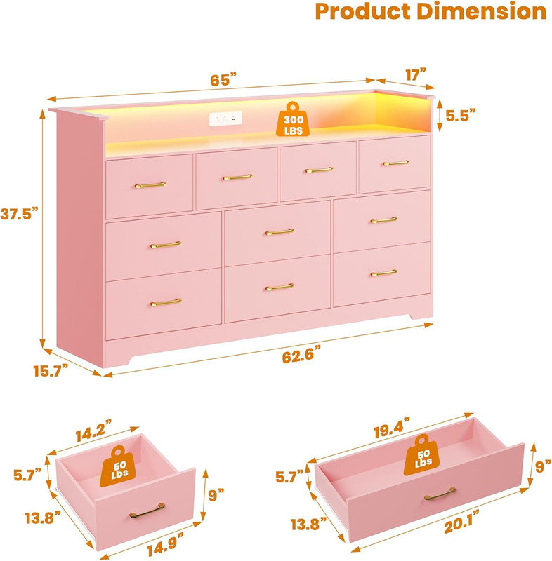 Commode à 10 tiroirs 65 po à DEL avec station de charge - Grande commode moderne pour chambre à coucher, salon, couloir, Rose