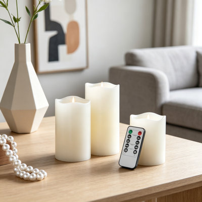 Set Of 3 Ivory LED Candles With Remote Timer, L:D3X6" M:D3X5" S:D3X4"
