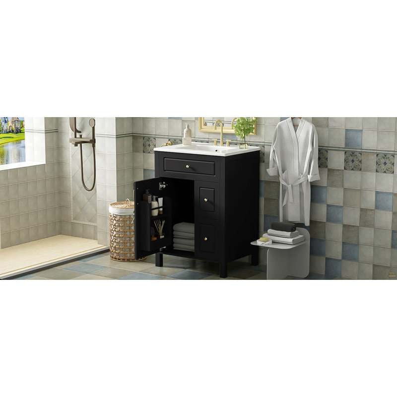 Meuble-lavabo de 24 pouces avec lavabo en céramique, 1 porte à fermeture en douceur, 2 tiroirs à fermeture en douceur et 2 supports de rangement sur la porte