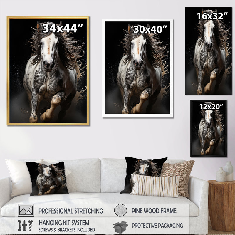 «White Horse Stallions Force I», impressions sur toile, H 32 po x l 16 po x P 1 po, Cadre photo noir