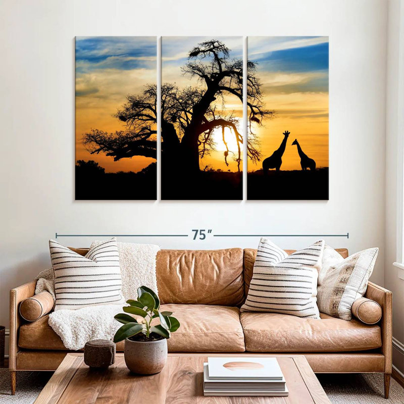 Coucher de soleil africain girafes, H 42 po x l 65 po