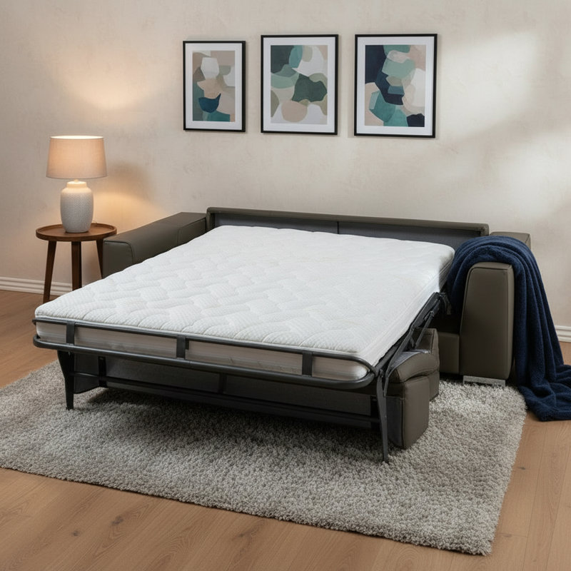 Monica 87" Genuine Italian Top Grain Leather Queen Wide Arm Sleeper Sofa Bed with Memory Foam Mattress