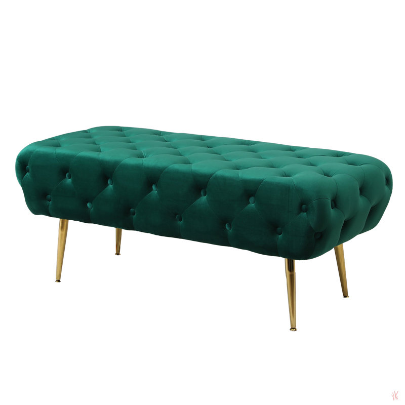 Sira Velvet Button Tufted Bench With Gold Metal Legs, Green