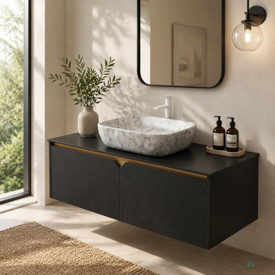 Meuble-lavabo de 48 po pour salle de bain, armoire de rangement flottante murale en contreplaqué, portes doubles en sergé avec garniture en métal, vasque rectangulaire en céramique à motif de marbre, comptoir en pierre Sinte,