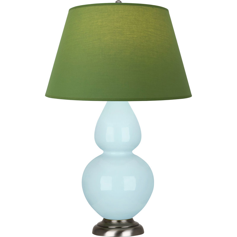 Lampe de table double gourde en céramique, Bleu bébé verni / argent antique, Thé vert / taupe, Argent argent