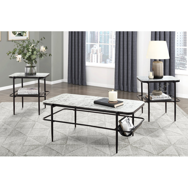 3 tables d'appoint: verre trempé à imprimé marbre blanc et plateau de rangement moderne et base en métal noir pour la maison