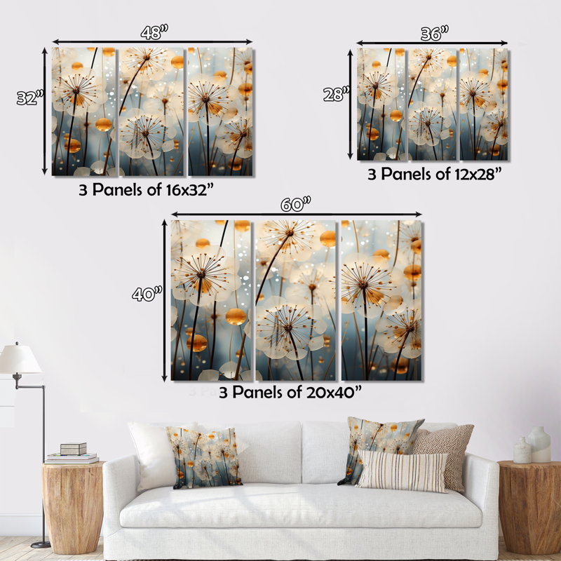 Dandelion Natures Sunbursts II sur toile, 3 pièces, H 40 po x l 60 po