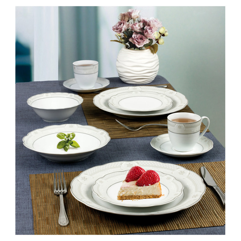 Elegant Silver Banded Porcelain Dinnerware Set for 8