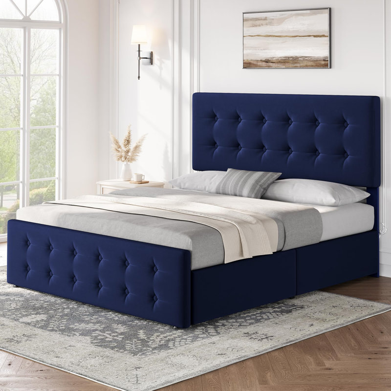 Full Size Velvet Upholstered Platform Bed Frame with Button Tufted Headboard & 4 Storage Drawers, Wooden Slat Support, No Box Spring Needed - Blue