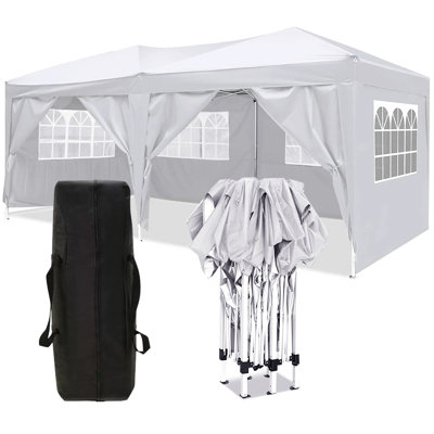 10 Ft. W x 20 Ft. D Steel Pop-Up Canopy Party Tent with 6 Removable Windowed Sidewalls, Adjustable Height Outdoor Gazebo with Carry Bag and Weight Bags, Beige