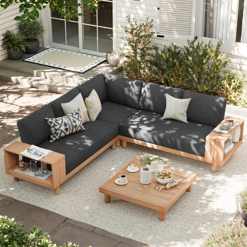 4 PCS Outdoor Eucalyptus Sectional Seating Group With Cushions, Black