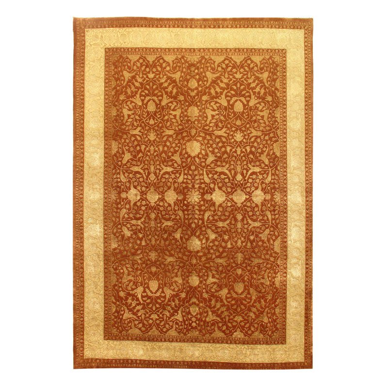 Soie et laine nouées à la main couleur rouille motif Tabriz 8 pi 2 po x 12 pi 1 po