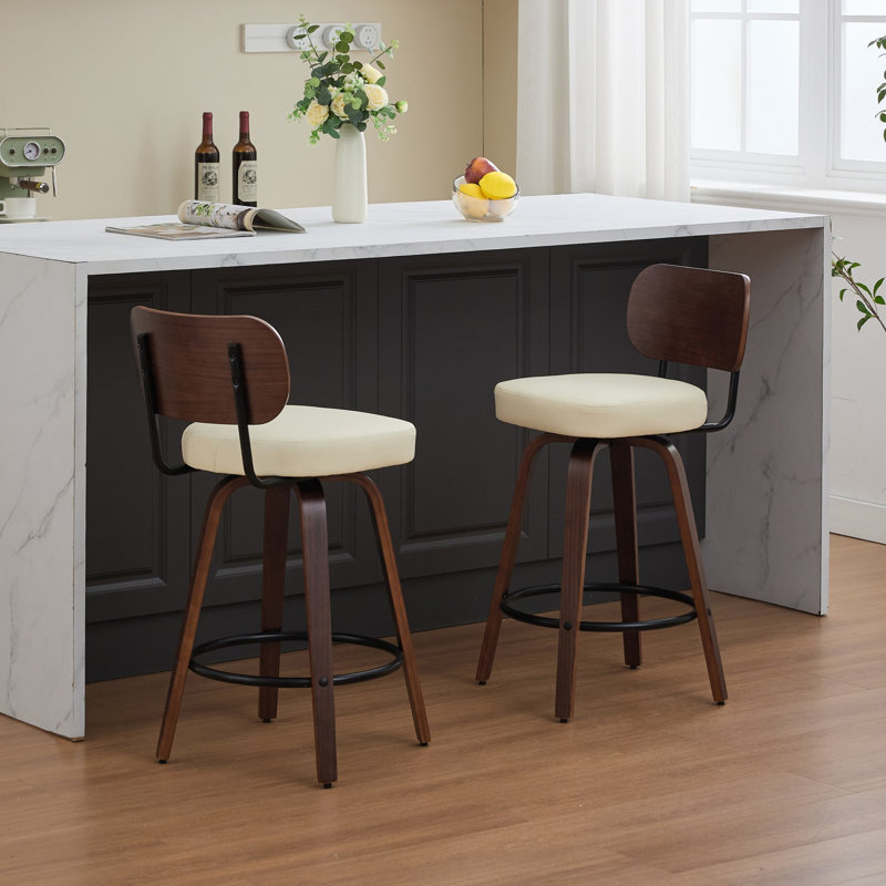 Ensemble de 2 tabourets de bar pivotants de style Mid-Century, tabourets de bar à hauteur de comptoir revêtus de similicuir avec dossier en noyer et pieds en bois cintré pour îlot de cuisine