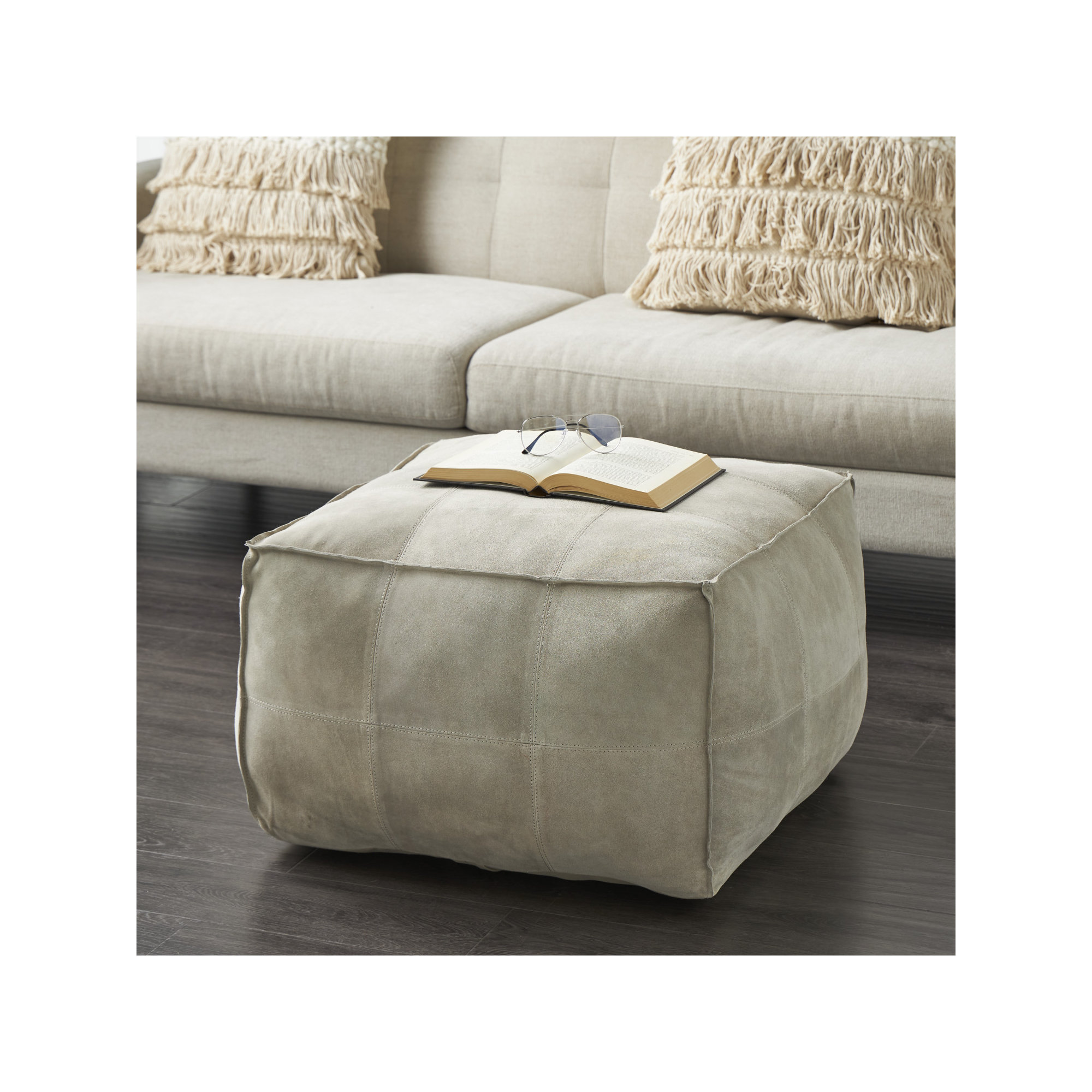 Shara Leather Pouf, Gray Genuine Leather