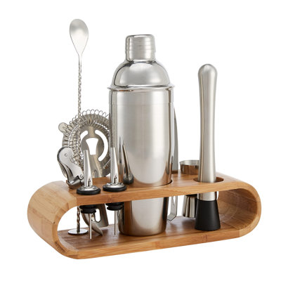 Ensemble de 10 outils de bar en acier inoxydable avec support en bambou