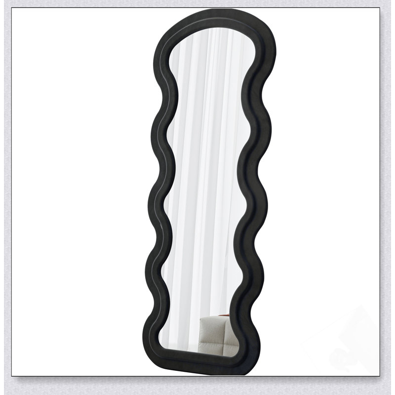 Flannel Full Length Wave Floor Mirror For Bedroom And Living Room, Hanging Or Leaning, Black, Aluminum, Black