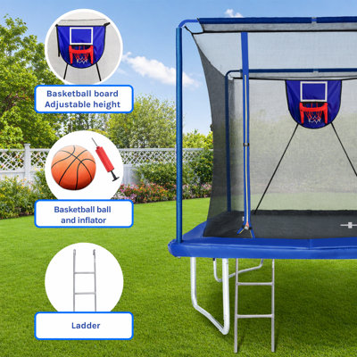 Nouveau trampoline rectangulaire de 8 pi x 12 pi avec planche de basketball, gonfleur de balles et échelle - Testé selon la norme ASTM bleue et certifié par le CCP