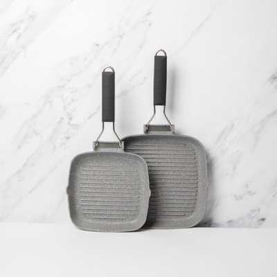 2pc Induction-Safe & Non-Stick Cast Aluminium Grill Pan Set with Folding Handles, 20cm and 24cm