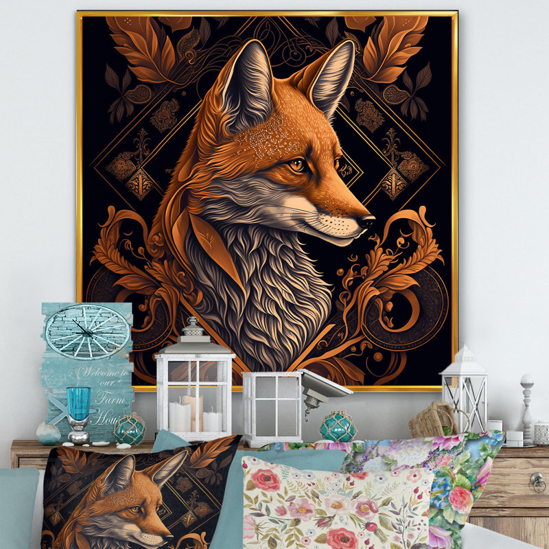 Décoration murale rétro renard I - animaux renard, H 36 po x l 36 po x P 1,5 po, Toile avec cadre flottant or