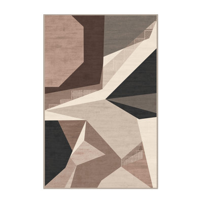 Machine Washable Patterns And Textures Modern Geometric Shapes Rug in Gray – Beige Binding