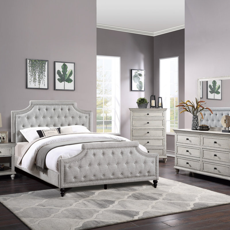 Mobilier de chambre à coucher tête de lit capitonné en polyfibre American Traditional, Double, Gris