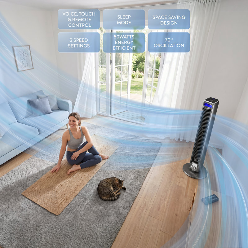 42" Tower Fan SmartVoice Control Fan - 3 Speeds - 15H Timer, Grey