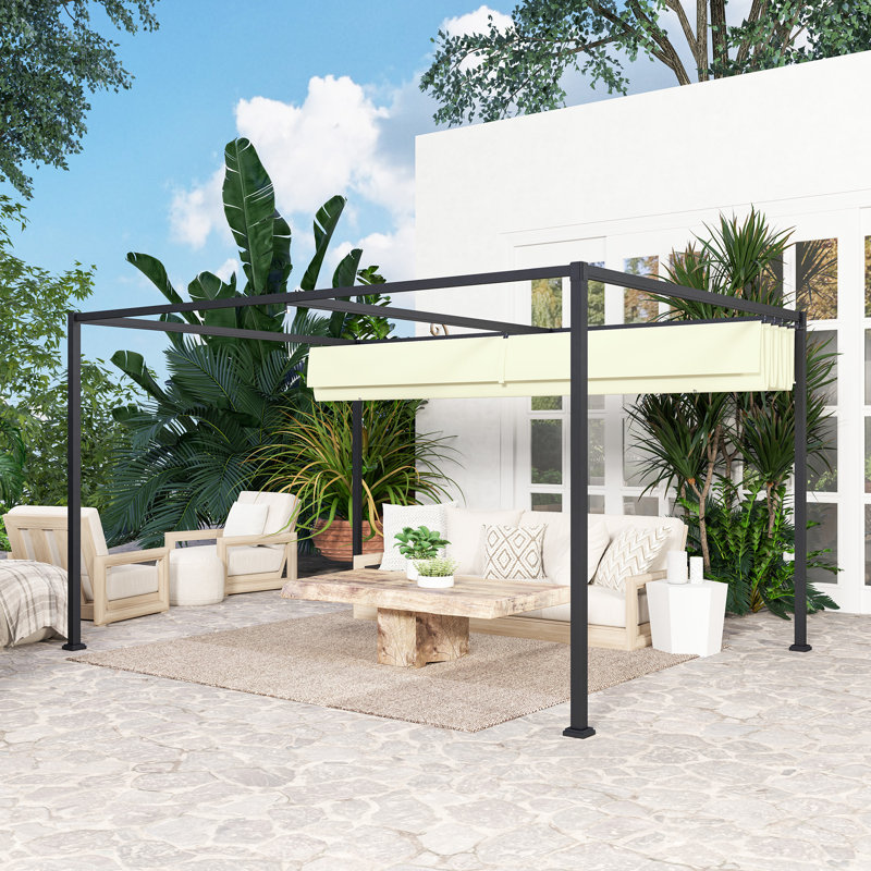 Outsunny Metal Outdoor Pergola with Retractable Roof Cream, 222cm H x 400cm W x 300cm D