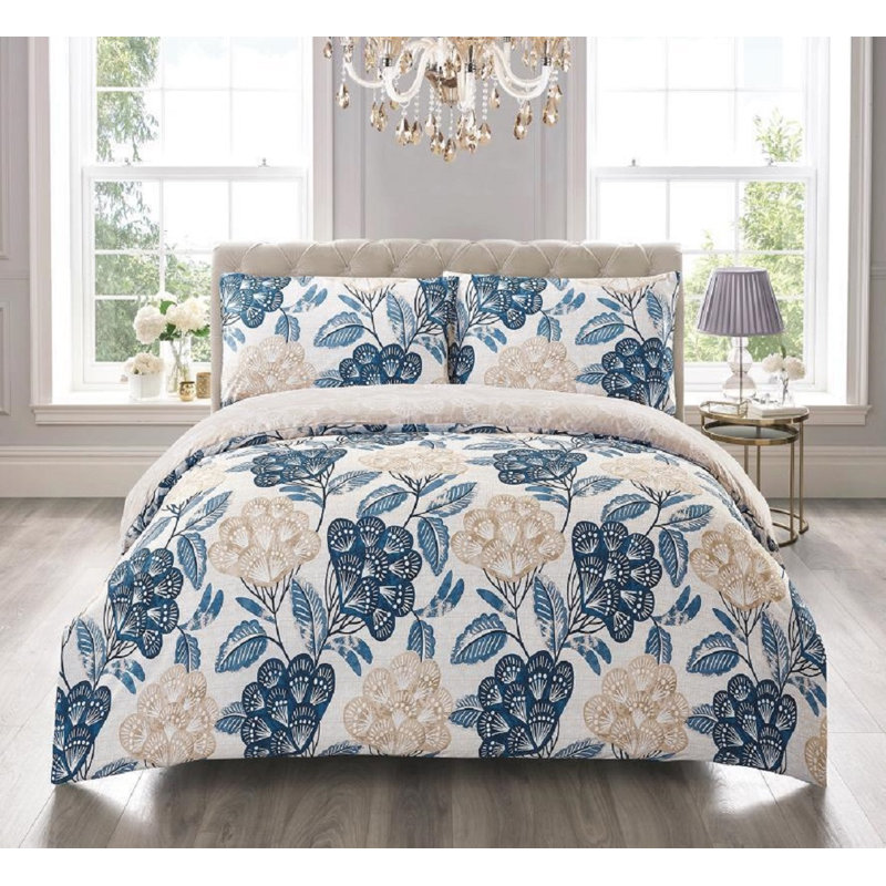 Duvet Cover Set with Pillowcases Cotton Rich Damask Pattern Bedding Soft Easy Care Wrinkle Resistant and Durable, Blue