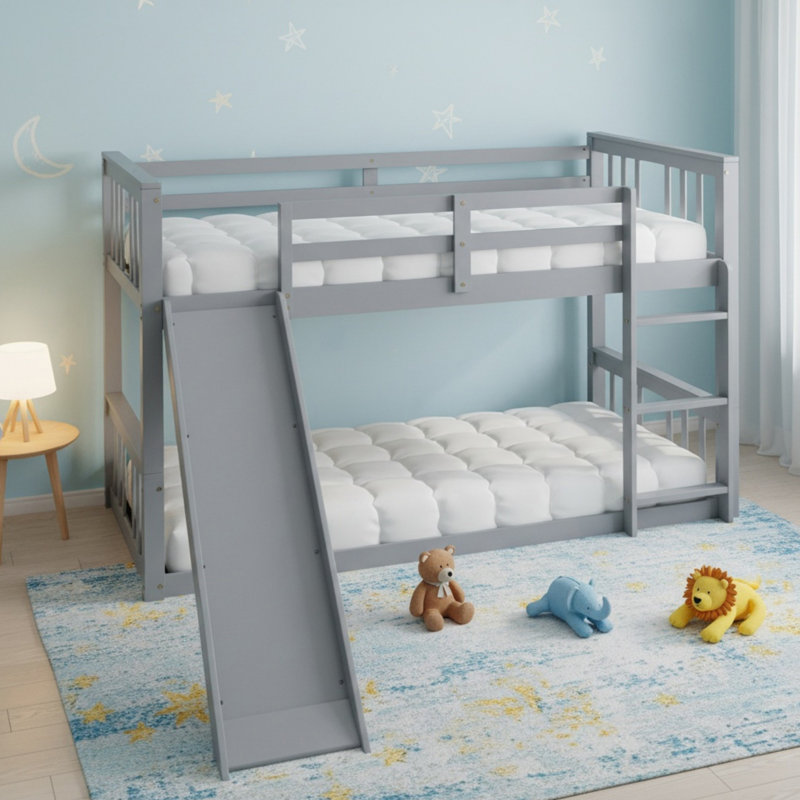 Lit superposé simple au-dessus de simple en bois massif avec glissière et échelle pour chambre à coucher, Gris