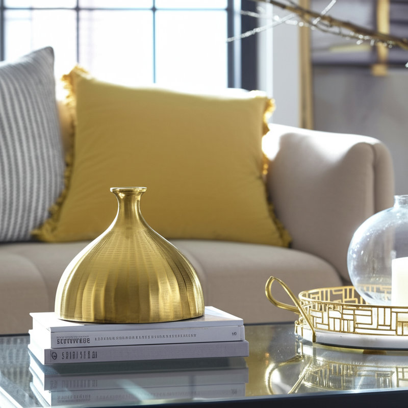 Modern Metal Aluminum Decorative Vase with Sculptural Design for Contemporary Interior Styling., Gold, 7" H x 8" W x 8" D