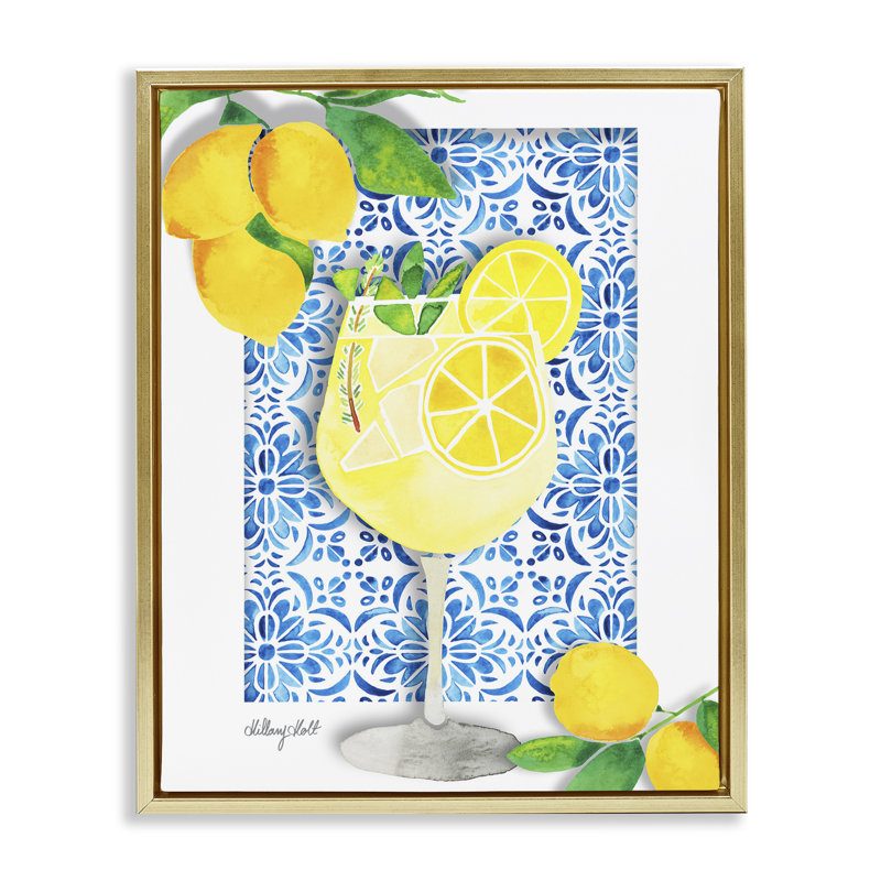 Cadre flottant méditerranéen Limoncello Drink, design par Hillary Holt, H 21 po x l 17 po, Cadre flottant métallique doré