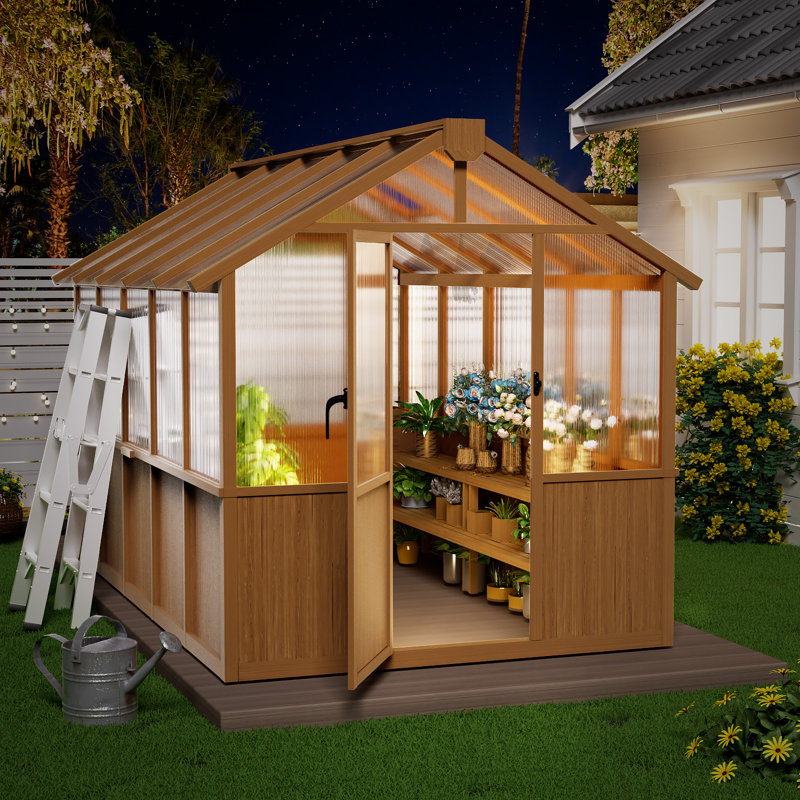 6 ft. x 10 ft. Wood Walk-In Greenhouse with Polycarbonate Panels and Roof Vent,  82.8" H x 76.7" W x 127.9" D, Brown Wood