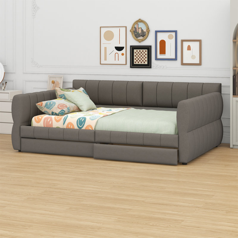 Lit plateforme tapissier avec port USB et 2 tiroirs, Gris