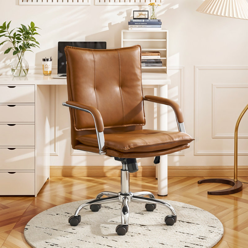 Luxury Faux Leather Office Chair - Padded Arms, Camel