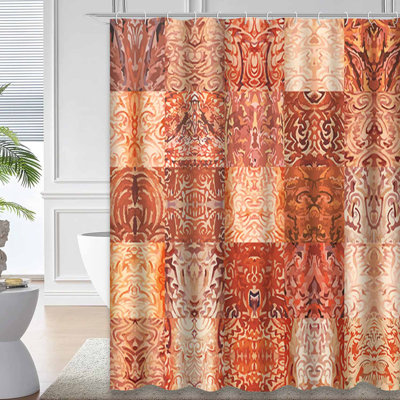 Waterproof Brown Abstract Medieval Patchwork Shower Curtain with 12 Hooks