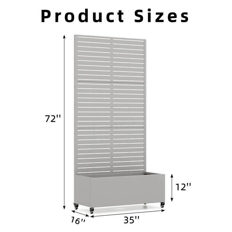 Outdoor Metal Rectangular Individual Planter Box with Trellis for Climbing Plants, Gray, 72" H x 35" W x 16" D