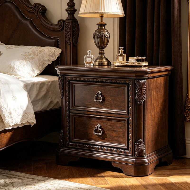 Table de chevet traditionnelle en acajou massif à 2 tiroirs, 76 cm de largeur