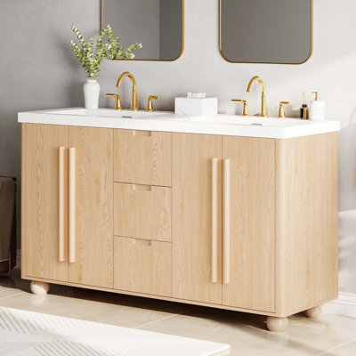 Meuble-lavabo double avec lavabos en résine et grain de bois naturel Modern