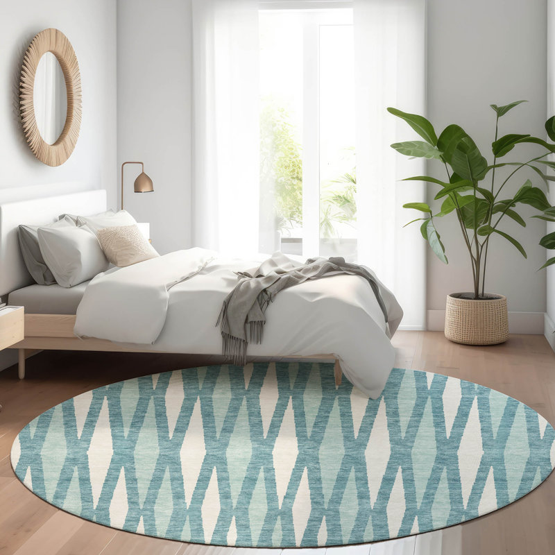 Premium Machine Washable Prisco Teal Rug, Round 8'
