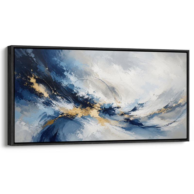 Très grande impression sur toile encadrée abstraite contemporaine bleu marine, blanc et or, H 30 po x l 60 po, Noir