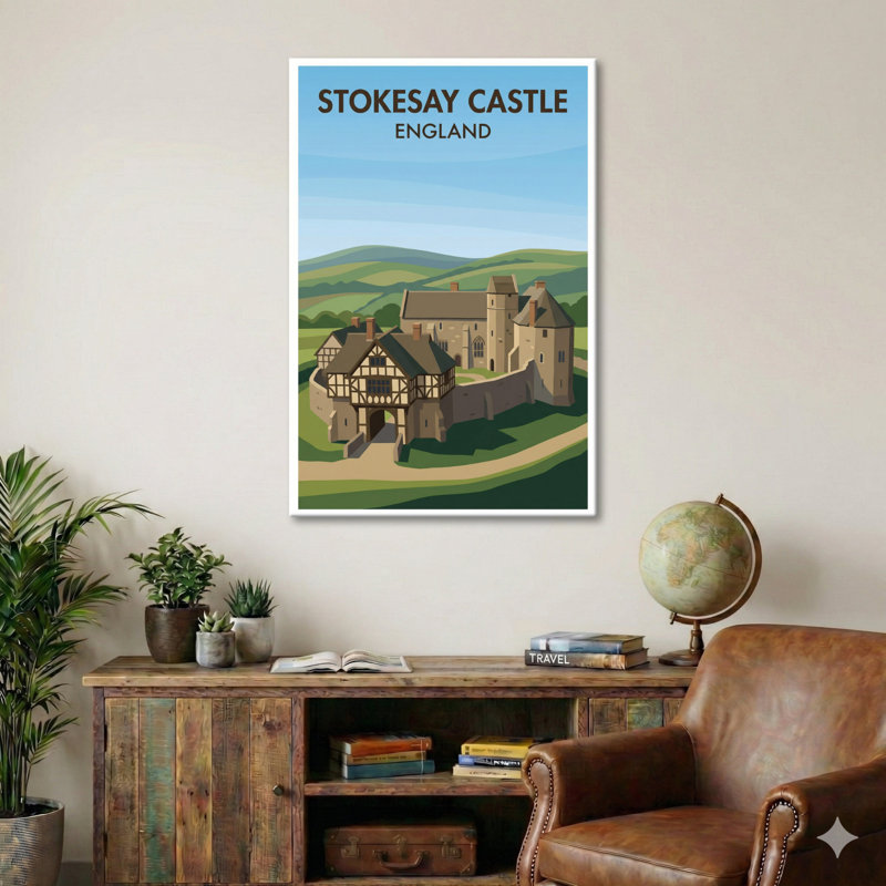 Stokesay Castle, England - Romantic Travel Poster of Medieval Manor and Rolling Shropshire Hills. Giclee Print on Wrapped Canvas. Wall Art, Home Decor - Castles & Palaces, England 1 Piece Wrapped Canvas Wall Art