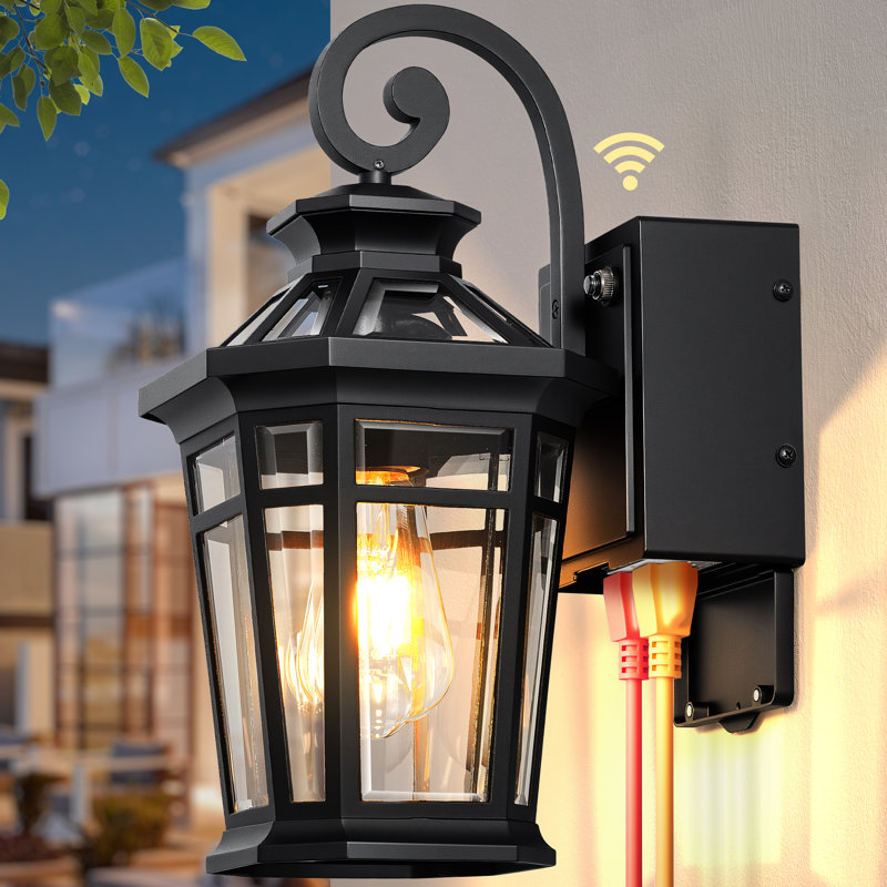 Black Dawn to Dusk Exterior Wall Lights with GFCI Outlet, Beveled Glass