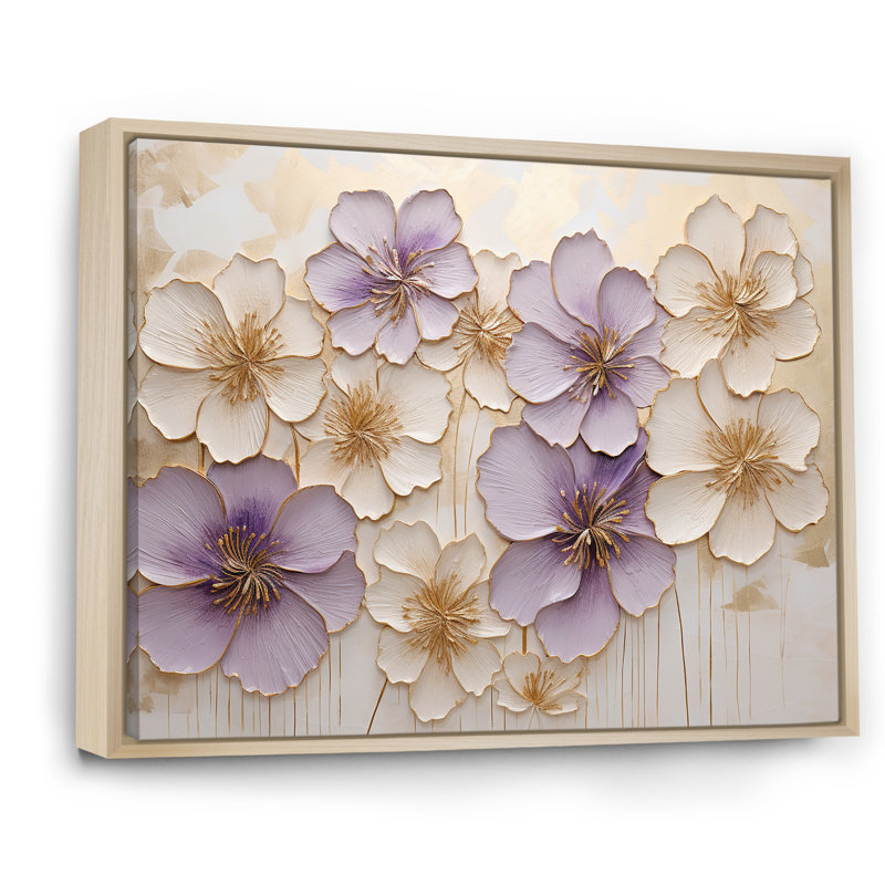 Mauve et or sur fond orné de violettes, "Violettes Meadow II", 34" H x 44" W, Cadre naturel flottant