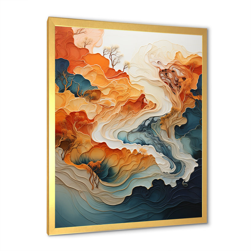 Abstract Orange And Blue River Ink I - Abstract Marble Canvas Print Wall Art, 44" H x 34" W, Gold Single Picture Framed